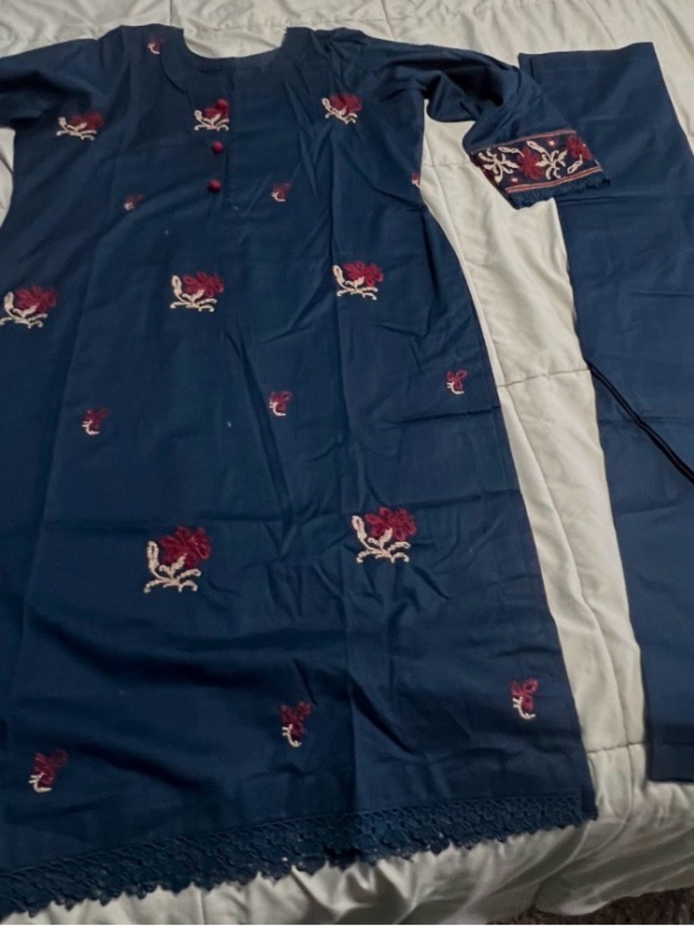Navy Blue Embroidered Kurta Set with Red Floral Accents